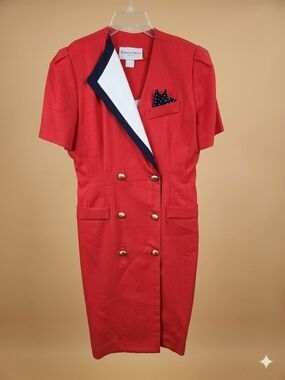 Vintage Danny & Nicole Red Double-Breasted Blazer Dress with Navy & White Lapel